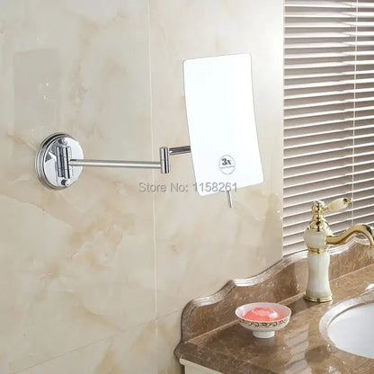 Chrome square magnifying wall makeup mirror with 3x zoom and folding arm for decorbites 3x magnifying use