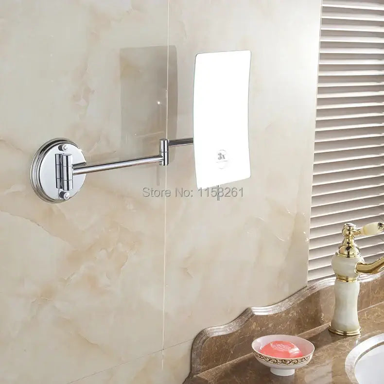Silver-finished chrome square magnifying wall makeup mirror with 3x magnifying folding arm for bathroom decorbites
