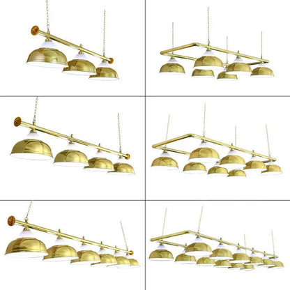 Brass pool table lighting fixture with dome shades and chain suspension for a steel billiard light game room ceiling