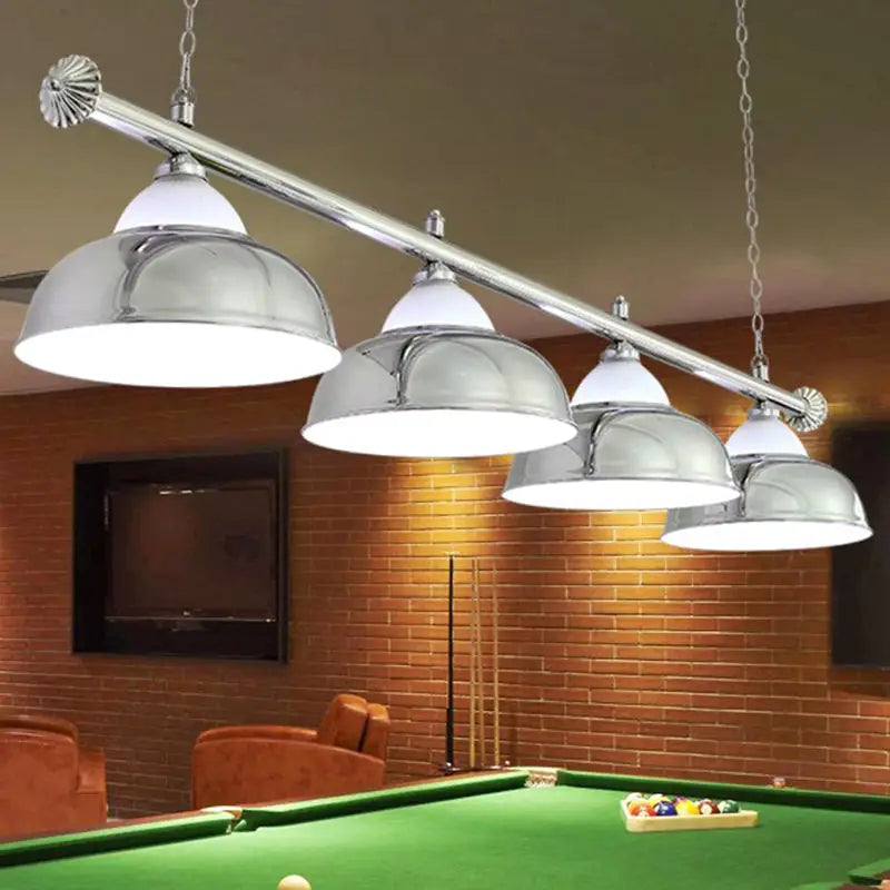 Chrome finished decorbites stainless steel billiard light with five dome shades for stylish game room ceiling lighting