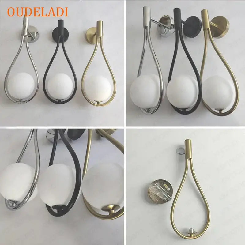 Chrome teardrop wall sconce with frosted white glass ball and decorbites black glass ball accents for bedroom decor