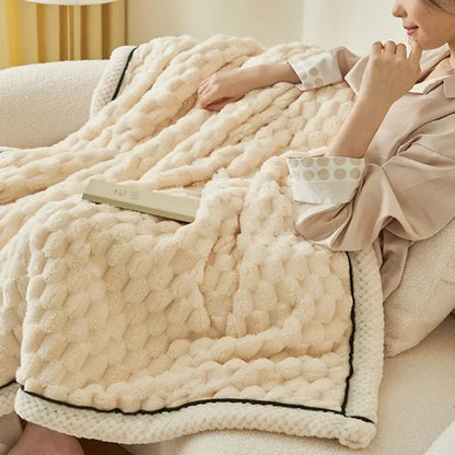Chunky knit cream and black coral fleece blanket with black trim cozy bedroom fleece blanket throw