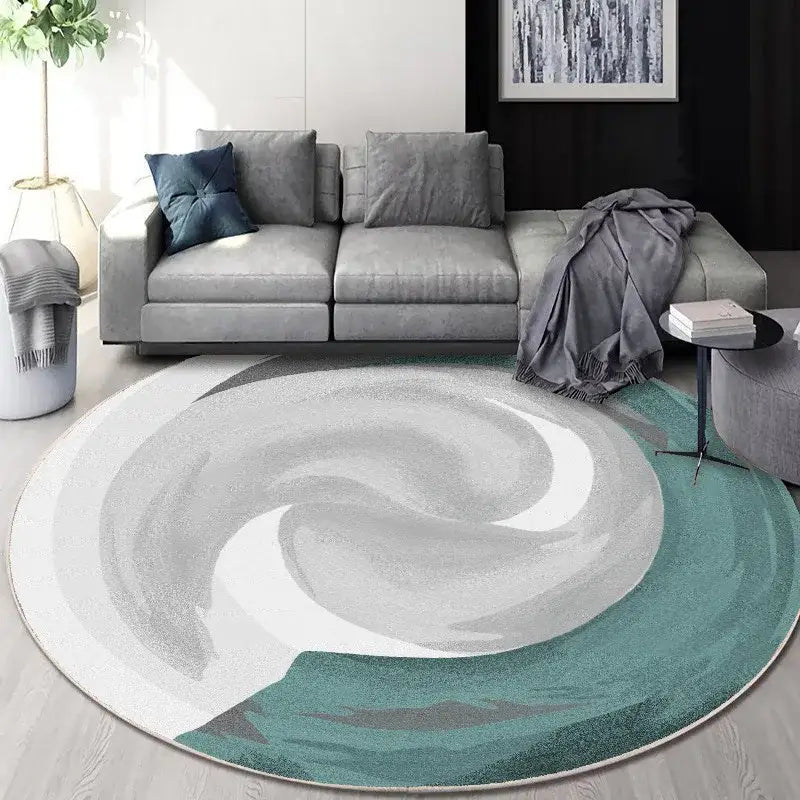 Circular geometric cashmere floor mat featuring a swirling abstract design in gray white and teal for living room decorbites