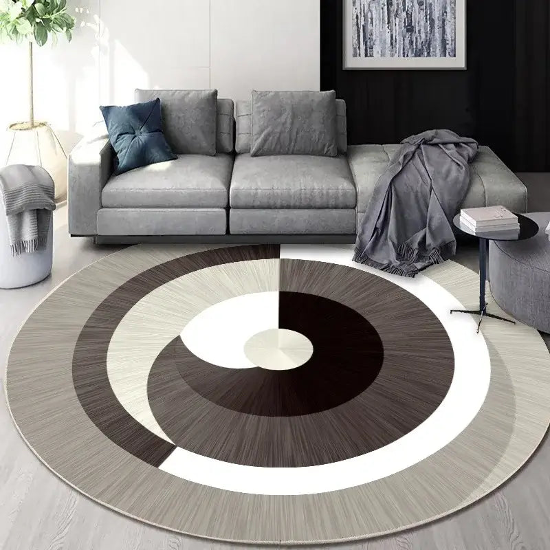 Circular geometric cashmere floor mat with concentric rings in brown beige and white featuring wood-grain texture