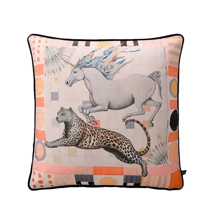 Square blue velvet cushion cover with circus horse print featuring a white unicorn and spotted leopard decorbites decorbites circus horse