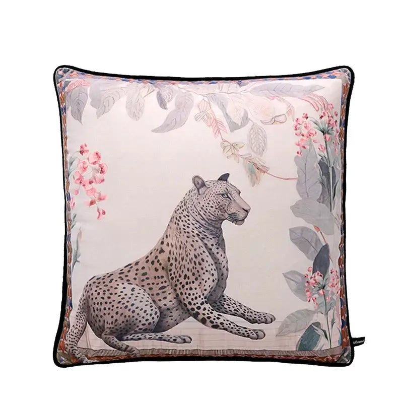 Square velvet cushion cover featuring a leopard illustration with pink flowers and grey leaves for decorbites circus horse decor