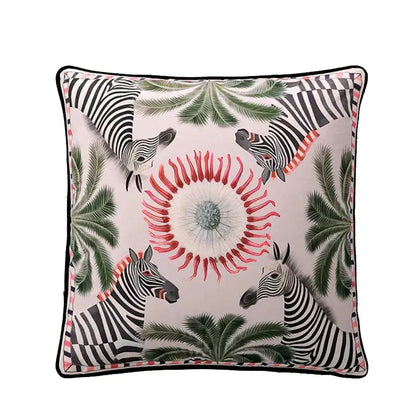 Square cushion cover with vibrant tropical design featuring zebras and floral motif for decorbites circus horse print decor