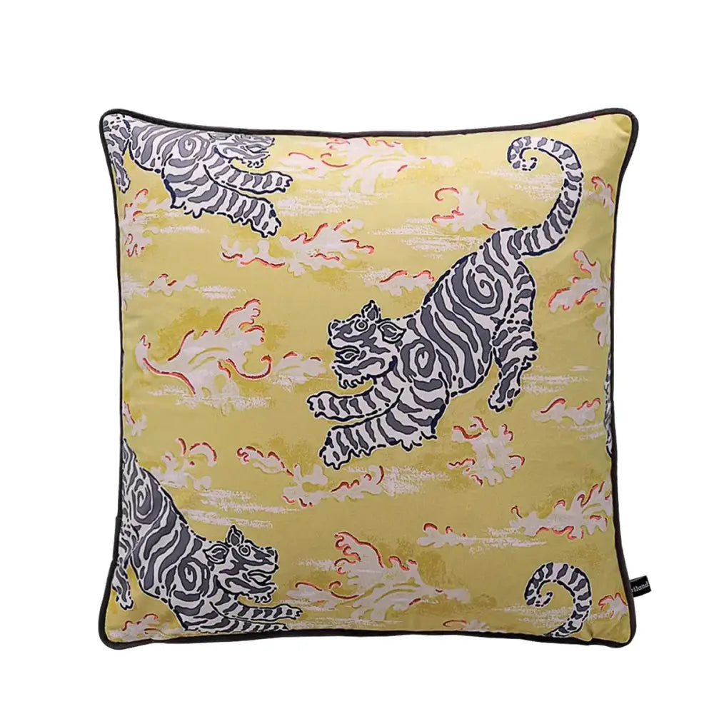 Yellow cushion cover featuring stylized black and white tigers with swirling red and cream patterns for decorbites circus horse print decor