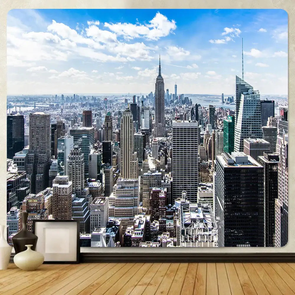 City night bohemian tapestry wall hanging features vibrant blue sky and empire state building for living room decorbites city night