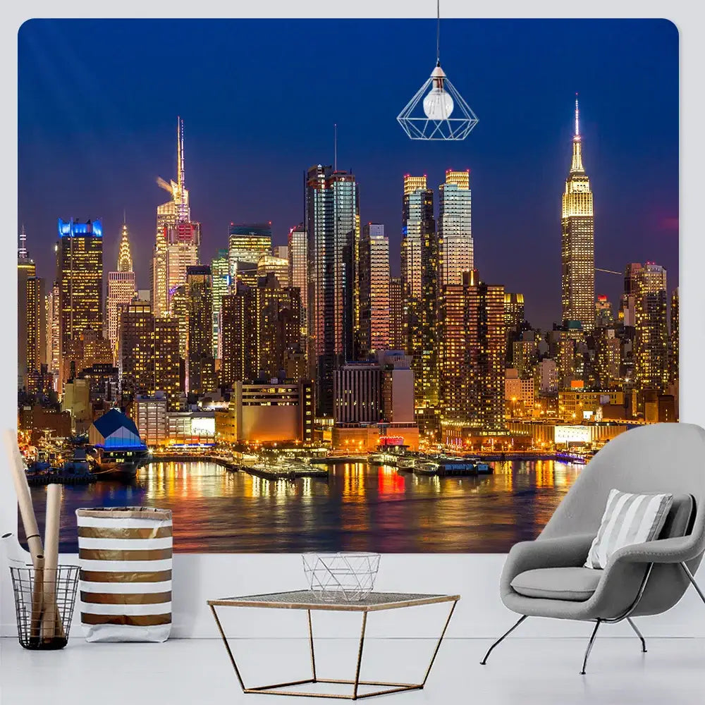 City night bohemian decor tapestry wall hanging featuring a vibrant nighttime cityscape with illuminated skyscrapers and waterfront reflections
