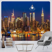 City night bohemian decor tapestry wall hanging featuring a vibrant nighttime cityscape with illuminated skyscrapers and waterfront reflections