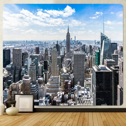 City night bohemian tapestry wall hanging featuring vibrant blue sky and empire state building for living room decorbites city night