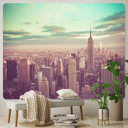 A vibrant vintage-toned city night bohemian tapestry wall hanging featuring the empire state building for living room decorbites city night