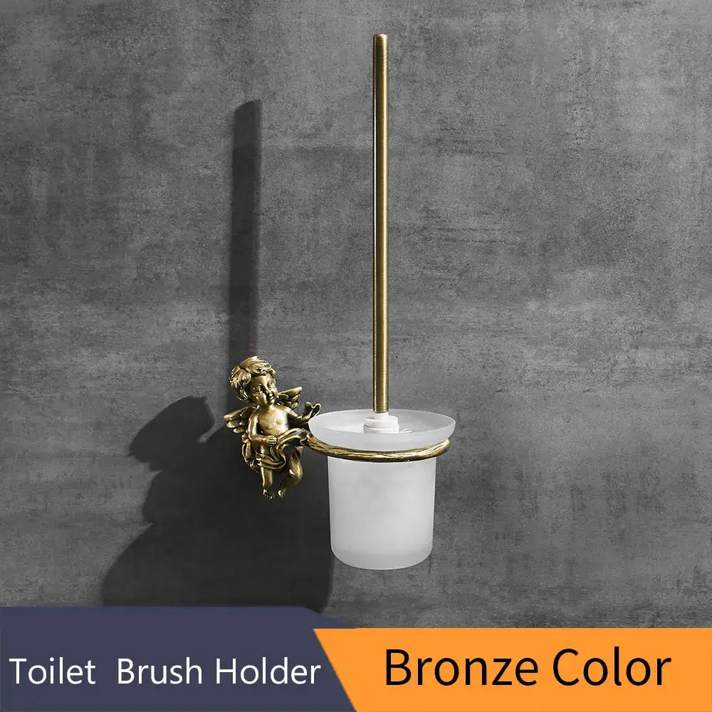 Bronze-finished angel brass toilet brush holder with frosted glass cup and ornate cherub figurine for bathroom decorbites classic angel