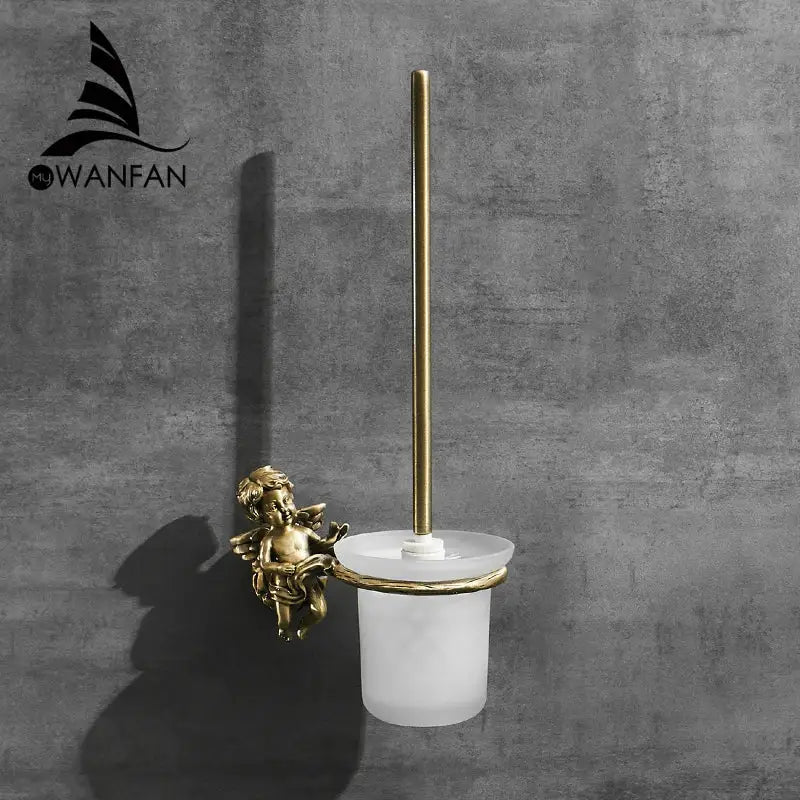 Classic angel brass toilet brush holder with gold finish frosted white glass cup and matching brass handle for bathroom decorbites classic angel