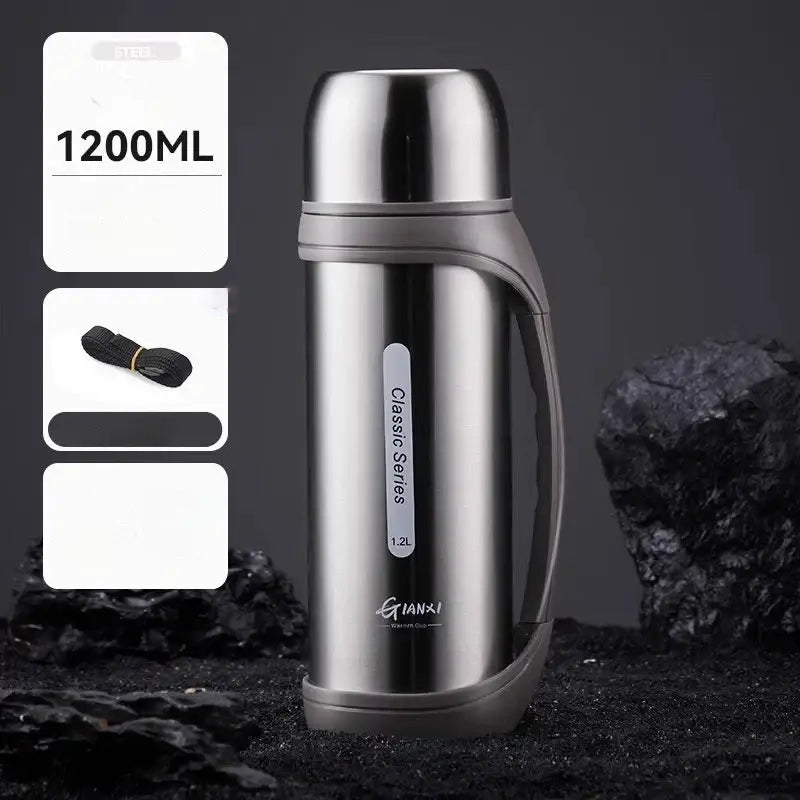 Silver stainless steel 1200ml insulated vacuum thermos flask with gray handle and base by giansi classic series