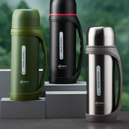 Three insulated vacuum thermos flasks in olive green black with red accent and stainless steel finish by gianxi classic series