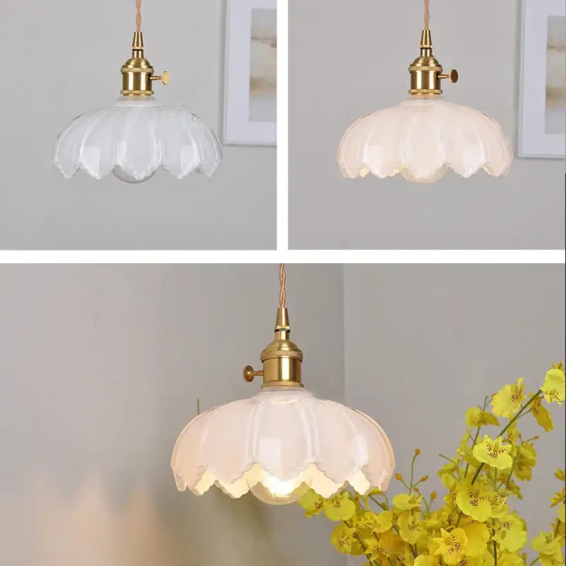 Classic glass pendant light with delicate translucent white glass and brass hardware featuring scalloped edges for dining room