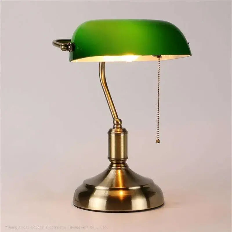 Classic green and white decorbites glass lampshade bank desk lamp with brass base and articulated arm for office use