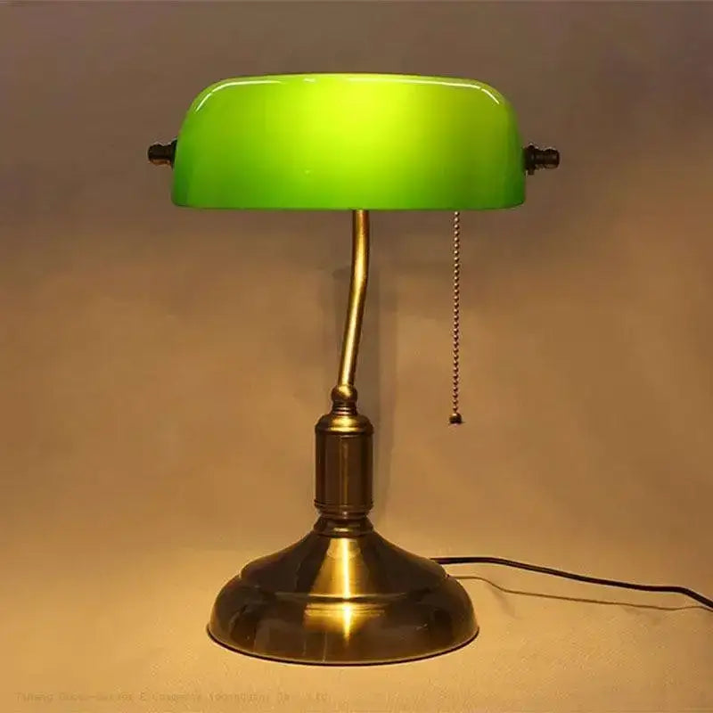 Classic green and white glass lampshade bank desk lamp with brass finish and adjustable arm for office decorbites glass lampshade