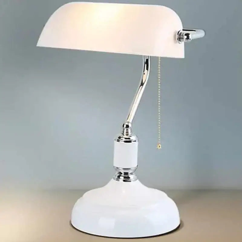 Classic green and white glass lampshade bank desk lamp with white enamel curved arm and chrome base for office decorbites glass lampshade