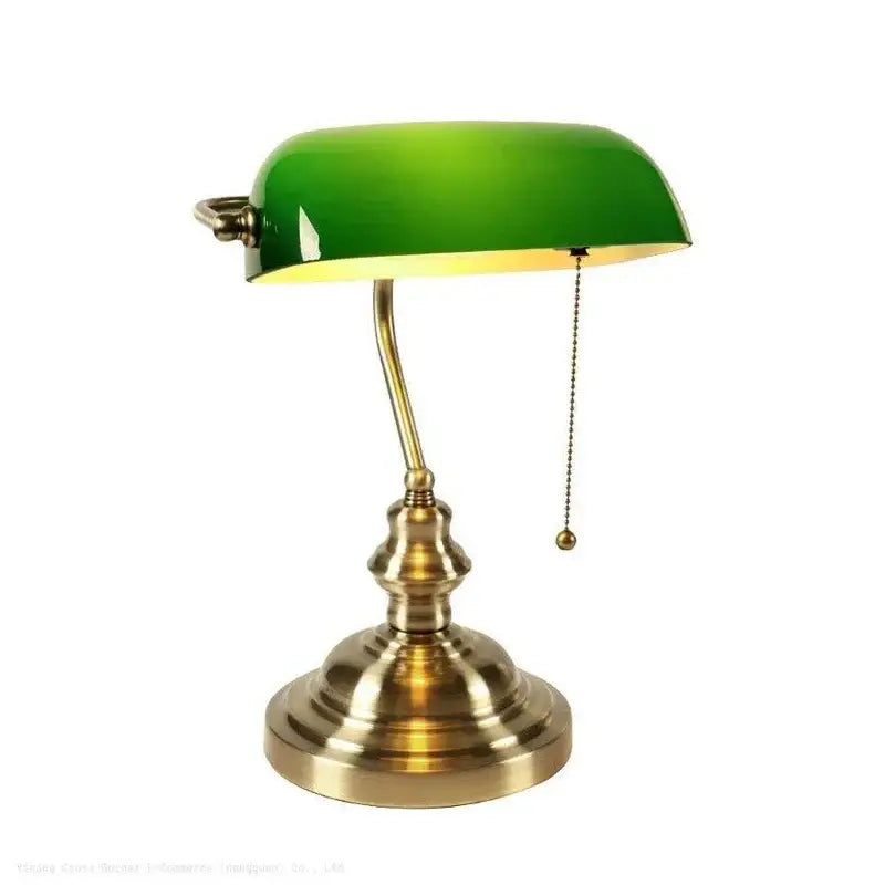 Classic green and white glass lampshade bank desk lamp with brass base and articulated arm for office decorbites glass lampshade