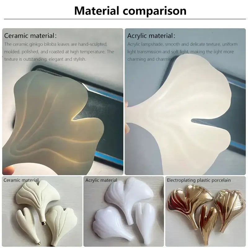 Hand-sculpted ceramic ginkgo biloba leaves with smooth polished finish in decorbites classic white and gold leaf pendant lamp