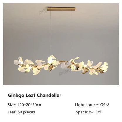 A decorbites classic white pendant lamp with gold leaf pendant design featuring illuminated ginkgo leaves for dining room lighting