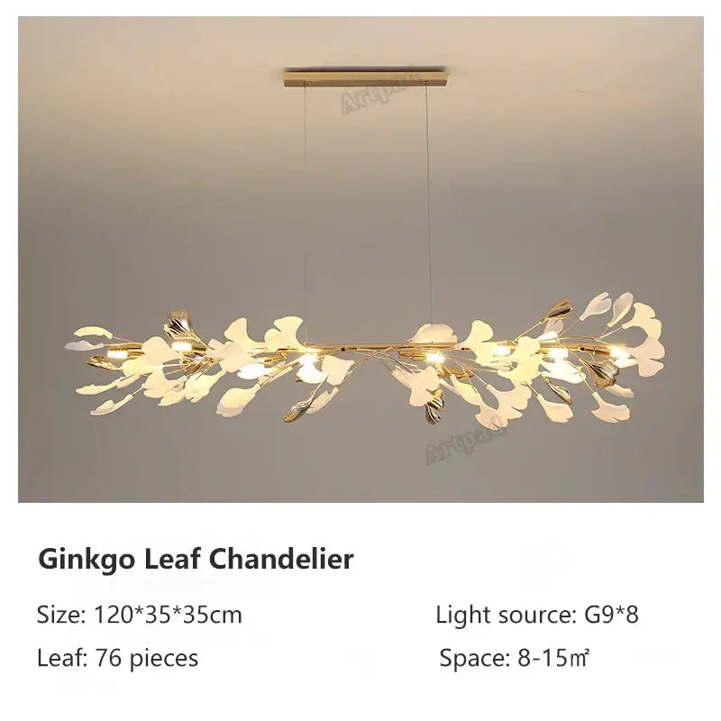 A modern gold leaf pendant lamp with 76 detailed ginkgo leaves and eight g9 lights for dining room decorbites classic white