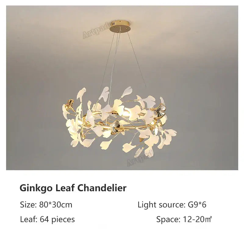 Gold-toned ginkgo leaf pendant lamp with 64 translucent white leaves decorbites classic white gold leaf pendant lamp