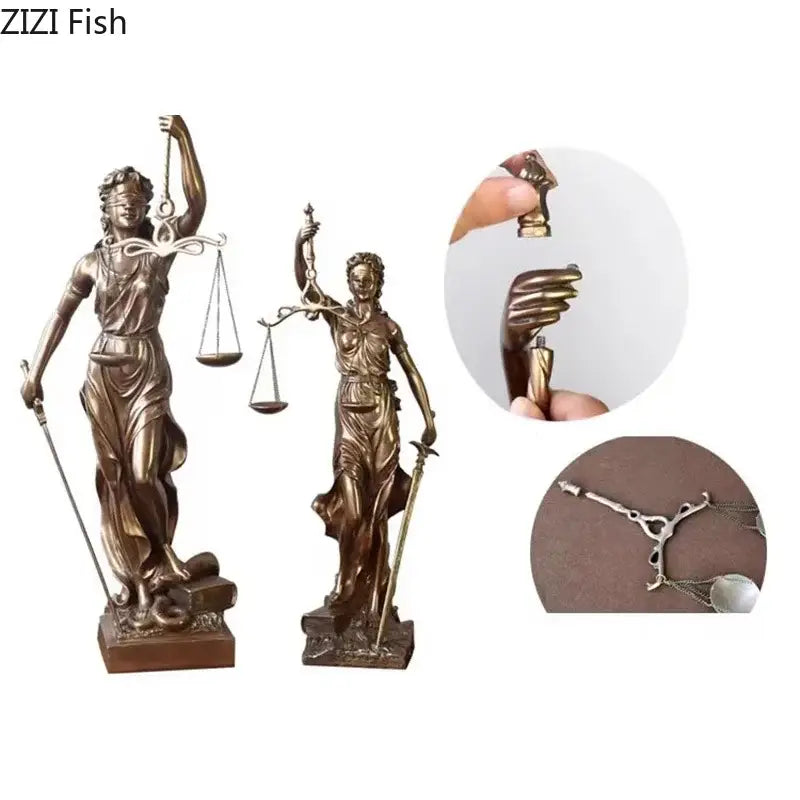 Bronze-colored justice goddess resin sculpture holding scales and sword for classical living room decor by decorbites