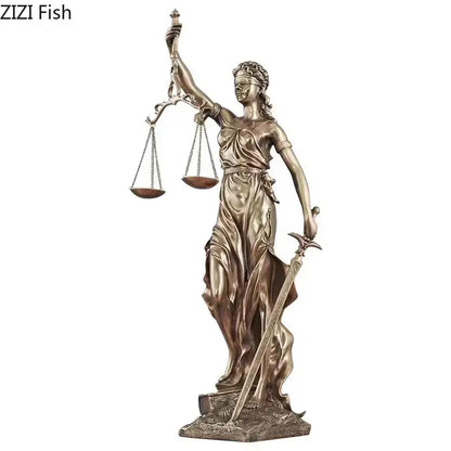 Bronze-colored classical justice goddess resin sculpture holding scales and sword for living room decor by decorbites