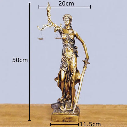 Golden classical bronze justice goddess resin sculpture holding scales and sword for living room decor by decorbites