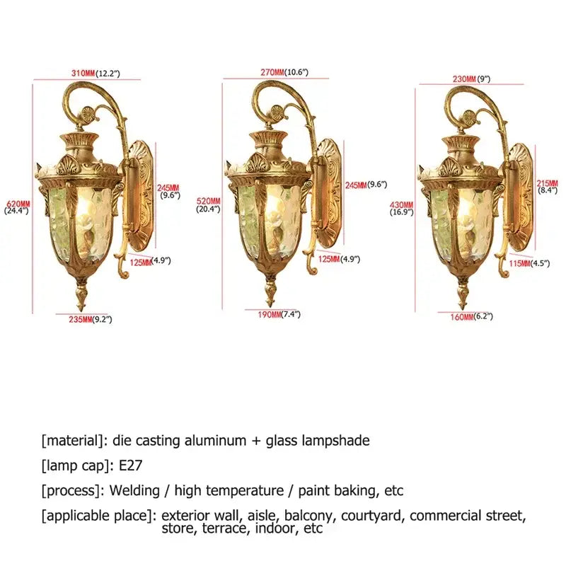 Gold-finished die-cast aluminum wall lamp with textured glass and ornate design for decorbites bronze led outdoor use