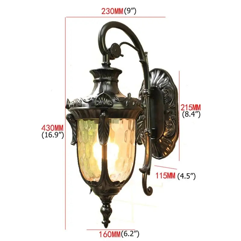 Classical bronze led outdoor wall lamp with black wrought iron frame and textured amber glass shade decorbites bronze led wall lamp