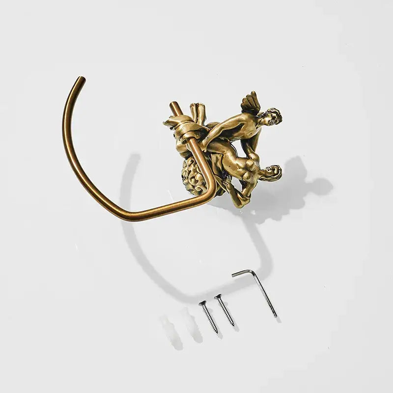 Antique brass decorbites bronze towel rack with sculpted winged figures entwined around coiled rope for shower decor