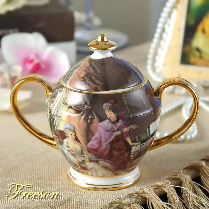 Porcelain classical gold trimmed bone china sugar bowl with painted figures in elegant decorbites creamer set