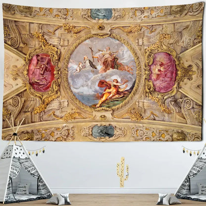 Classical ornate gold and pink boho printed tapestry wall decor featuring intricate baroque artwork for bedroom decorbites boho printed
