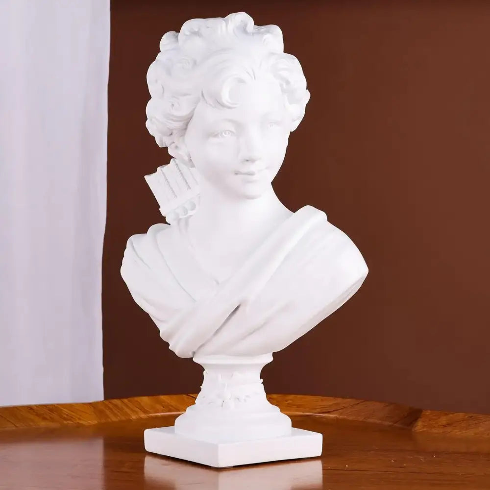 Classical white cupid statue plaster sculpture of a woman with curly hair on an ornate pedestal for living room decor