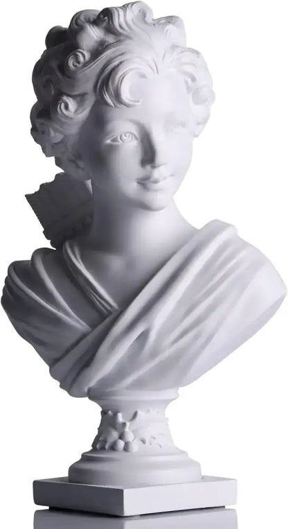 Classical white cupid statue plaster sculpture featuring a marble bust of a woman with curly hair on an ornate pedestal