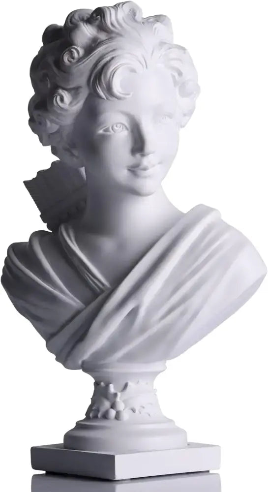 Classical white cupid statue plaster sculpture featuring a marble bust of a woman with curly hair on an ornate pedestal