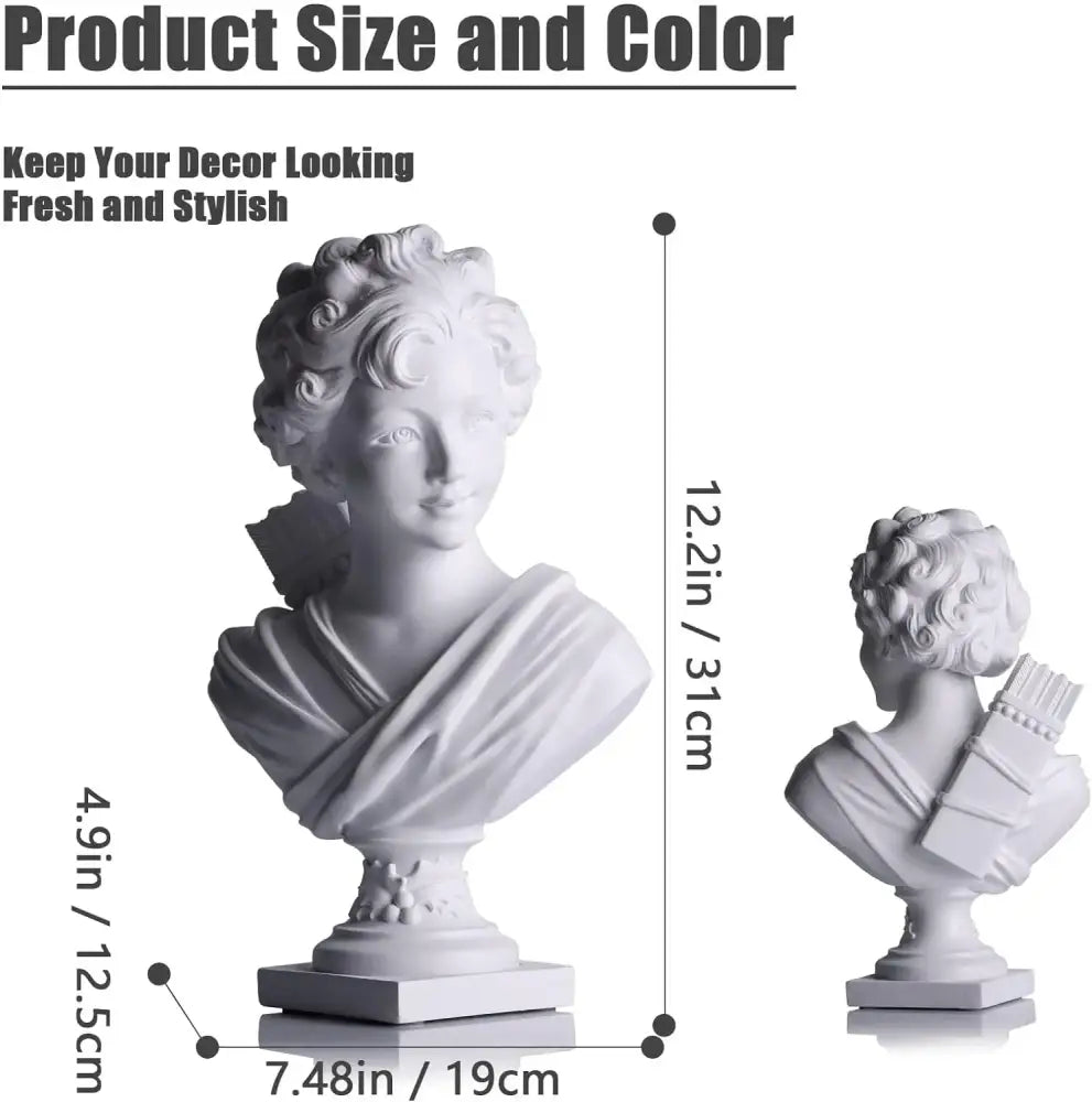 Classical white cupid statue plaster sculpture of a woman with curly hair and draped fabric on ornate pedestal