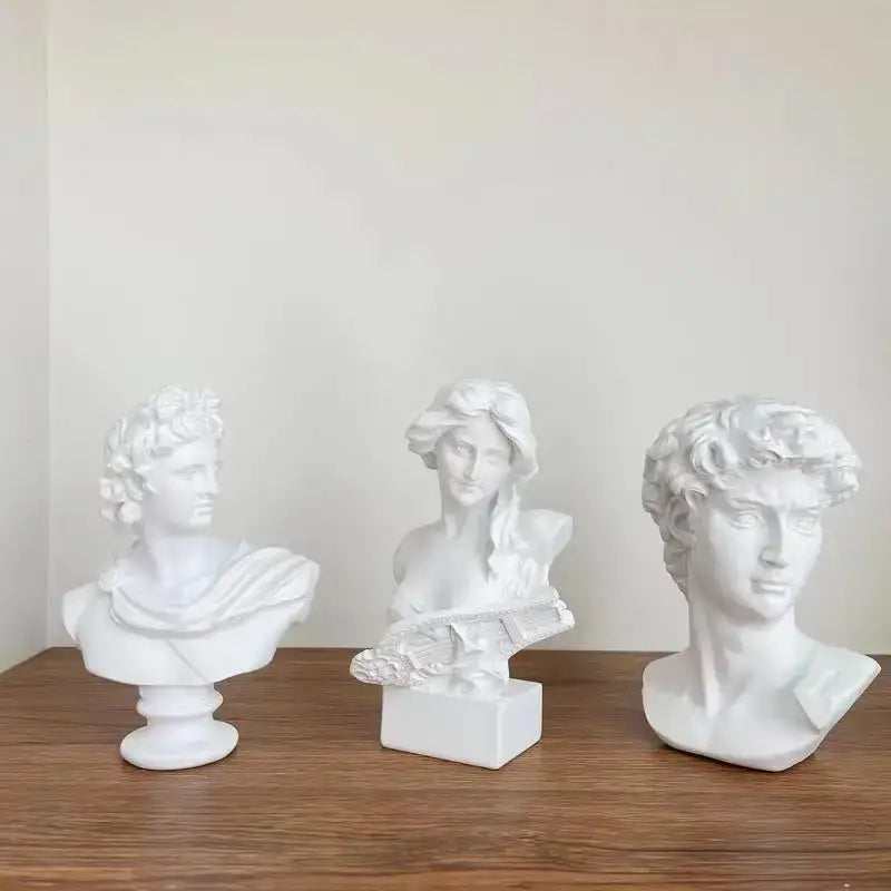 Three white resin classical david statue head sculptures with distinct hairstyles for mini living room decor