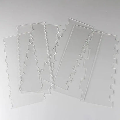 Clear acrylic scalloped and zigzag cake cream scrapers by decorbites for precise cake cream decorating tools