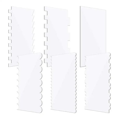 Clear acrylic scalloped cake cream scrapers with clear plastic storage dividers and interlocking tabs for decorbites cake cream