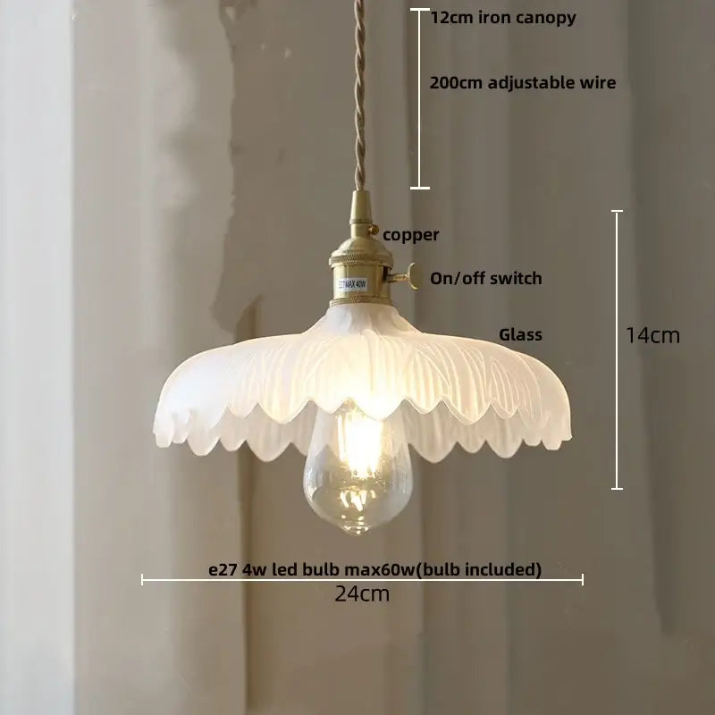 Delicate off-white glass pendant lamp with scalloped shade and brass copper hardware for decorbites amber glass walnut decor