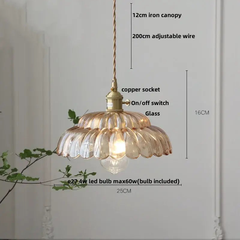 Delicate amber glass walnut pendant lamp with fluted petal design brass accents and copper switch for kitchen decorbites amber glass