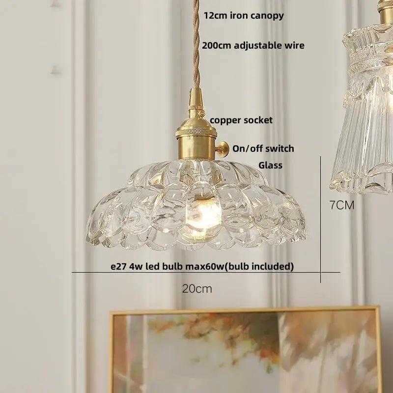 Clear glass pendant lamp with brass-finished copper socket and 12cm iron canopy for decorbites amber glass walnut design