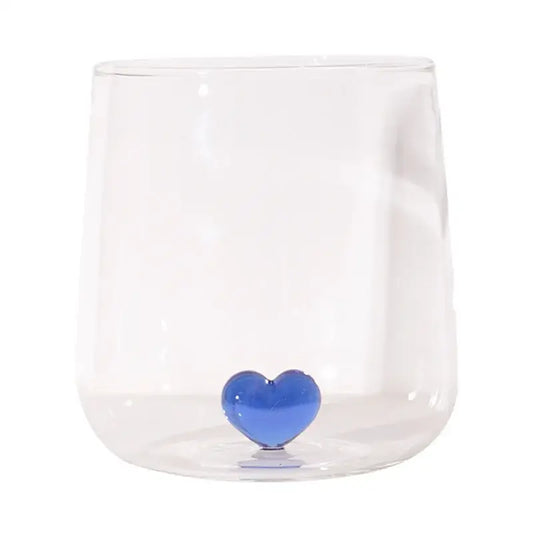 Clear glass tumbler mug with a glossy blue decorbites 3d heart accent at the base ideal as a kitchen glassware gift