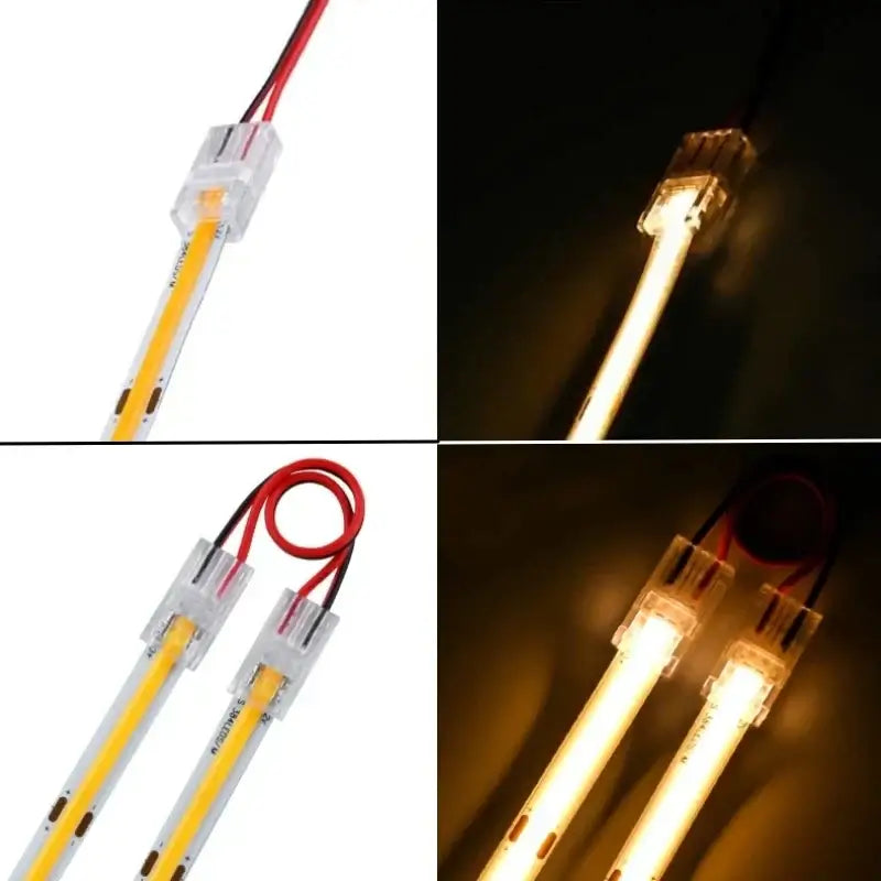 Clear plastic 2-pin l-shape cob led strip connector with red and black wires for kitchen cob led strip clips